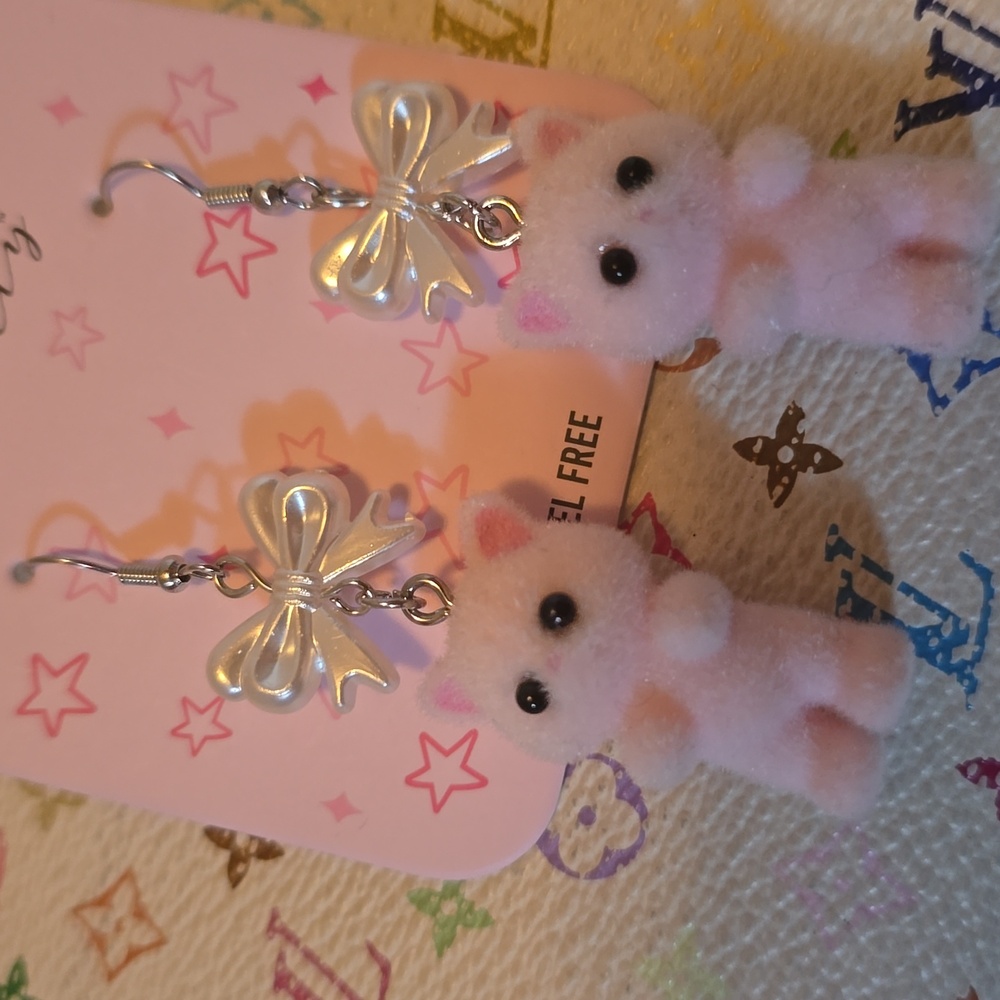 Pink Cat Earrings with a White Bow